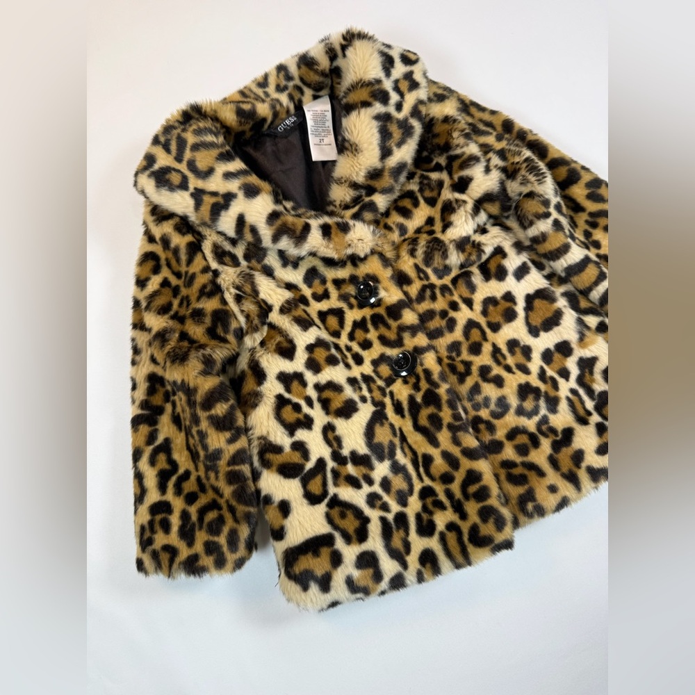 GUESS KIDS Toddler Girls’ Leopard Print Faux Fur Mafia Fashion Pea Coat Size 2T - Picture 3 of 8